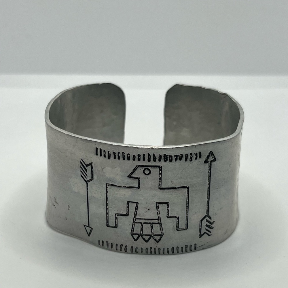 Vintage Silver Tone Tribal Design Bird Arrow Wide Cuff Bracelet View 4